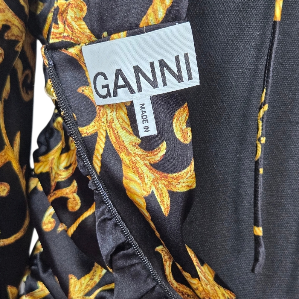 GANNI Baroque Print Silk Blend Ruched Midi Dress Black Gold EU 36 US 4 - Picture 15 of 15